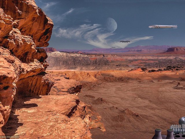 Die Marylou überfliegt ein Erzabbaugebiet im Tiu Vallis im Auslaufbereich der Valles Marineris. Das Tiu Vallis verbindet das Capri Chasma mit der Acidalia Planitia.